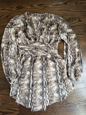 Snake Print V-Neck Long Sleeve Romper - Brown